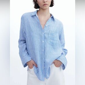 H&M 100% Linen Striped Button Down Shirt XXL Coastal Grandma Oversized Vacation